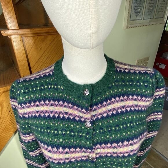 The Eagles Eye Vintage Green Sz 40 Shetland Wool Birds Eye Cardigan Sweater - Picture 2 of 10